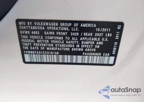 2012 Volkswagen Passat 2.0L Tdi Se из США, поврежденный, VIN 1VWBN7A31CC018146